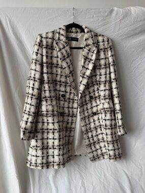 ZARA Black & Cream Tweed Double-Breasted Blazer Jacket